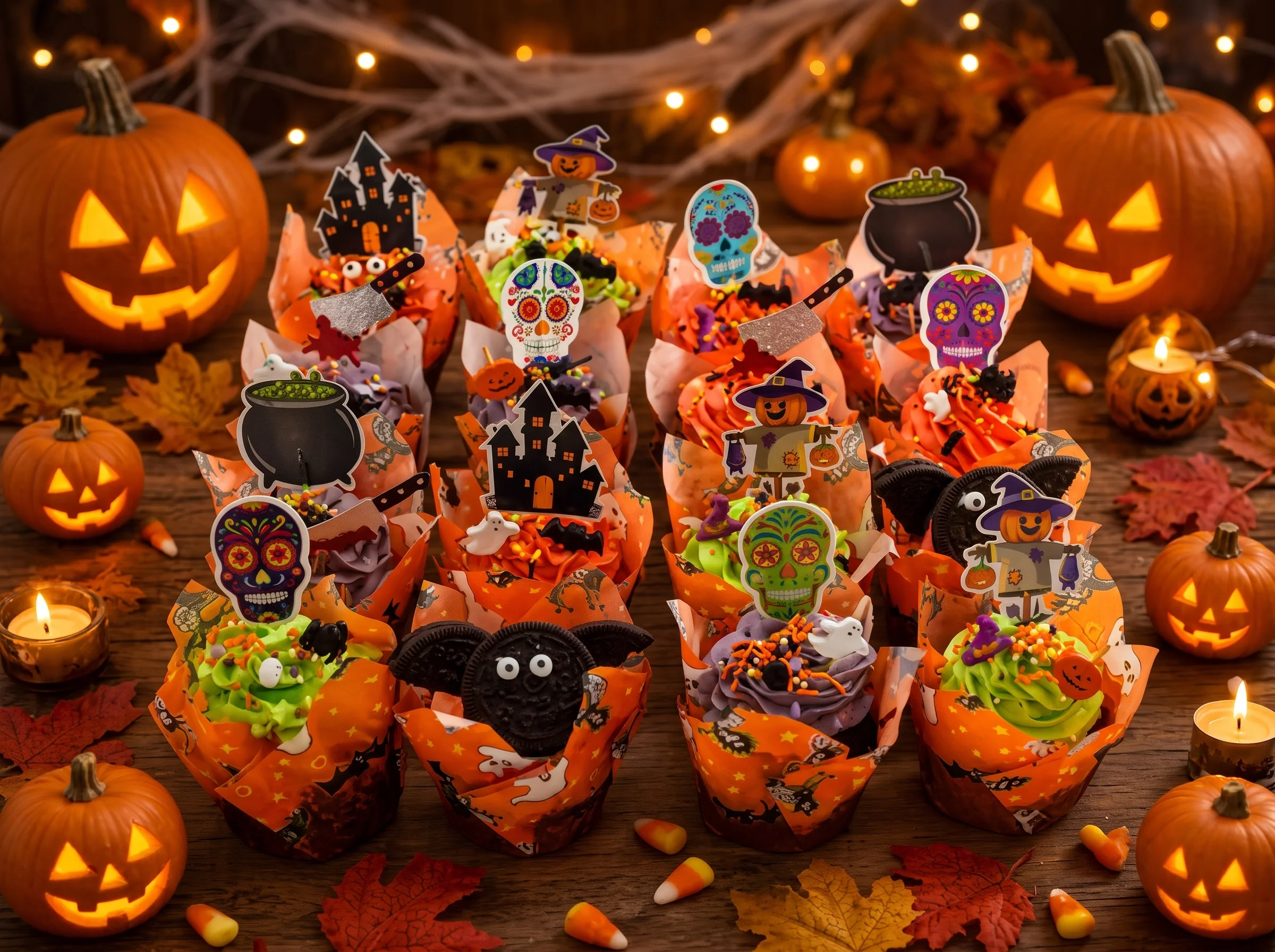 Cupcakes de Halloween artesanales con cremas naranja, verde y morada, galletas murciélago y toppers de calaveras, castillos y calabazas en Pan y Canela Parla