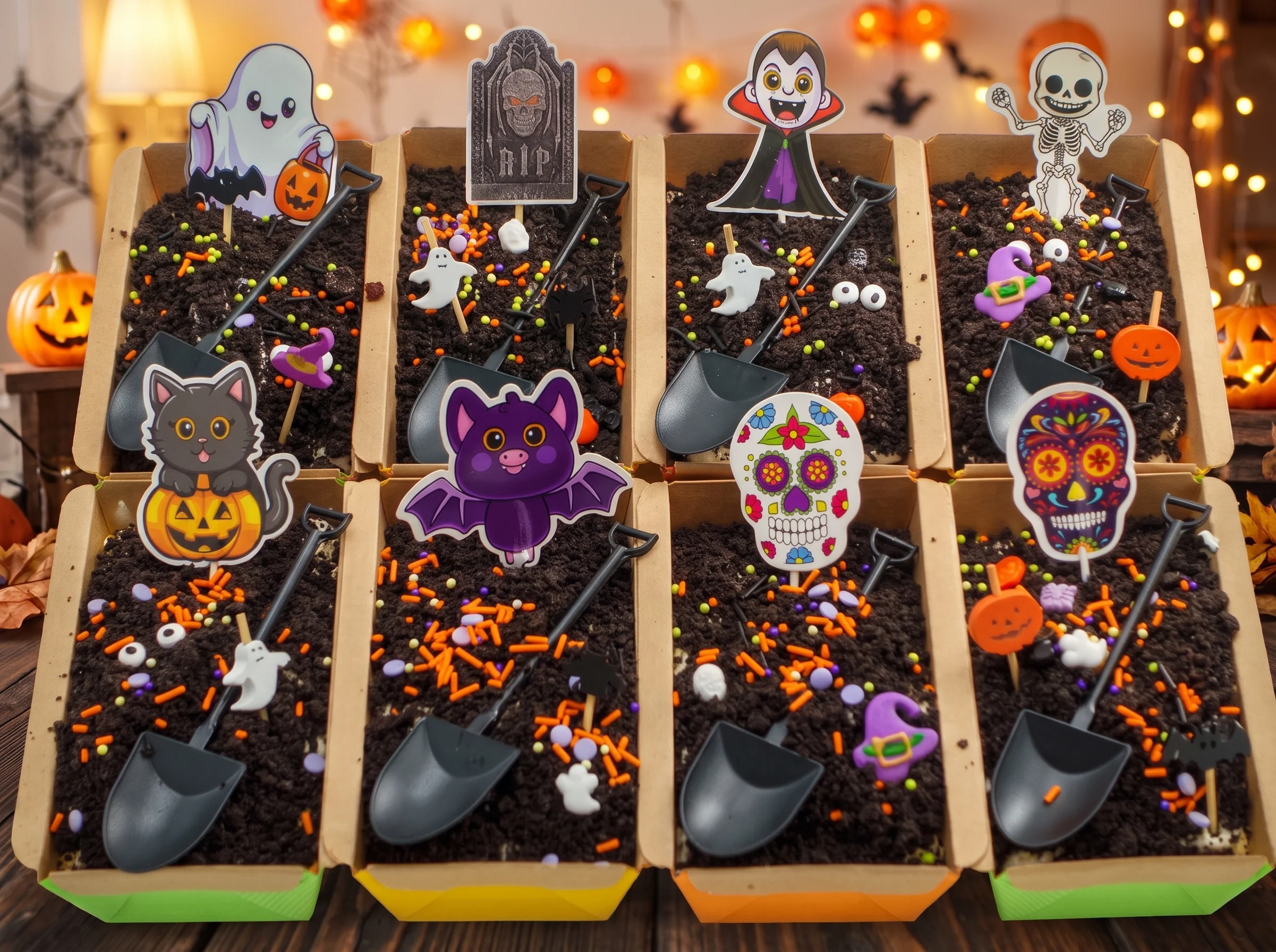 Ocho tumbas de Halloween de chocolate cubiertas de tierra de galleta con palitas, fideos de colores y toppers de fantasma, vampiro, esqueleto, gato y murciélago