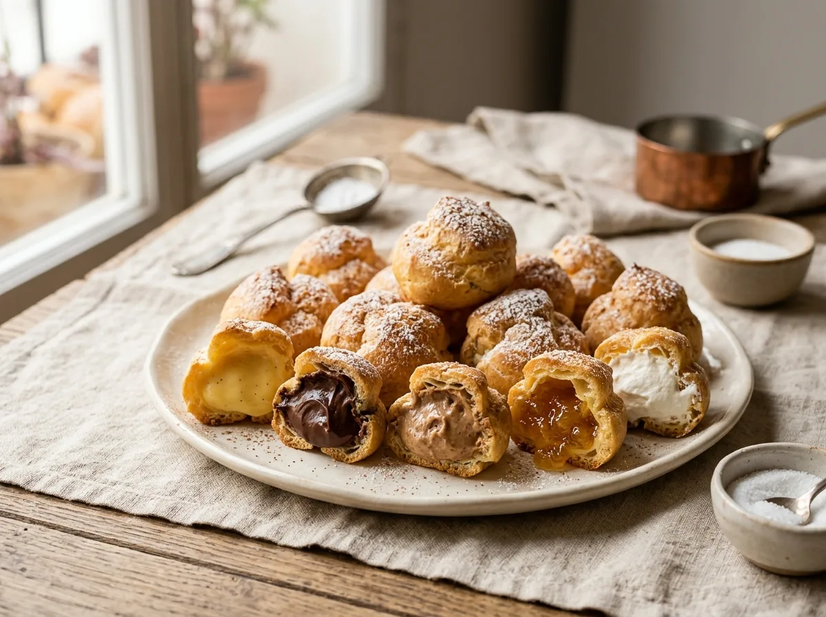 Bandeja de buñuelos de viento artesanales rellenos de crema, trufa, praliné, limón, tiramisú, cabello de ángel y nata en Pan y Canela Parla