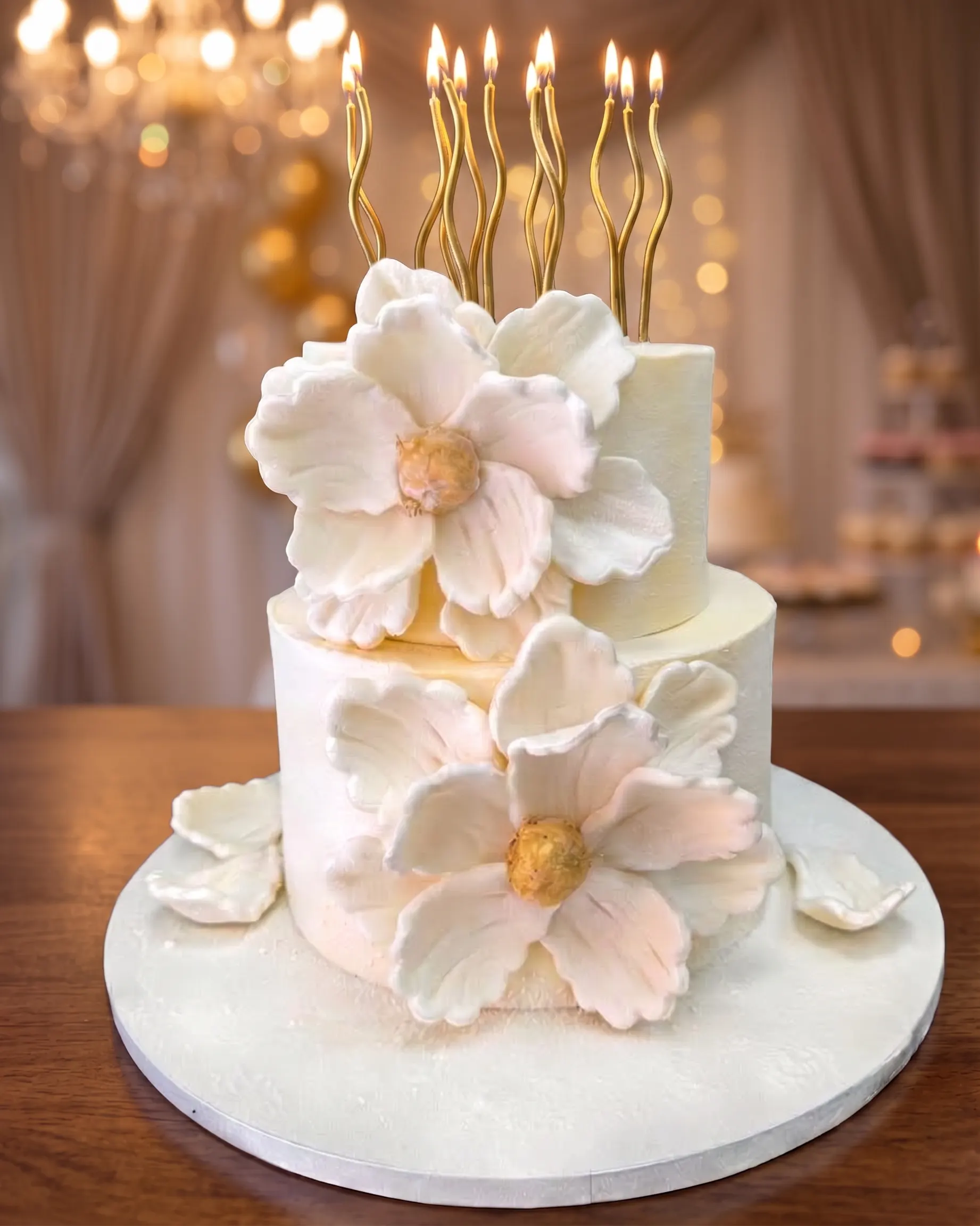 Tarta blanca elegante decorada con flores naturales artesanales
